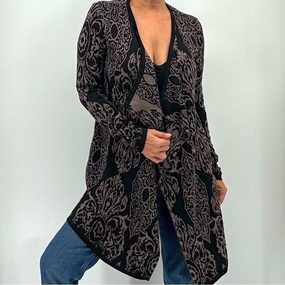 Soft Surroundings Boho Mandala Geometric Print Knit Draped Open Cardigan - Picture 7 of 13